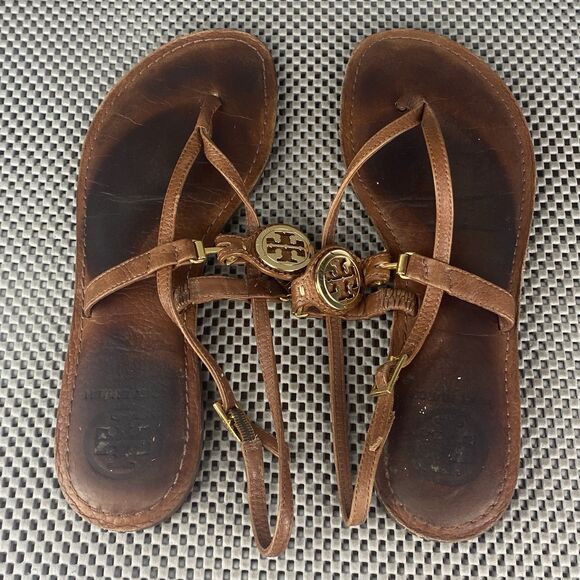Tory Burch Ali Sandals Womens Size 8 M Brown Leather Gold Logo Thong Sandals - Picture 5 of 9
